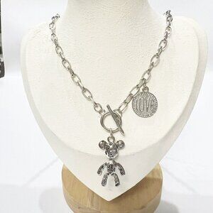 Punk Stainless Steel Teddy Bear Pendant Long Necklace  Womens Jewelry 27”